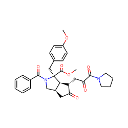 COC(=O)[C@@]1(Cc2ccc(OC)cc2)[C@H]2[C@H](CC(=O)C(=O)N3CCCC3)C(=O)C[C@H]2CN1C(=O)c1ccccc1 ZINC000064734948