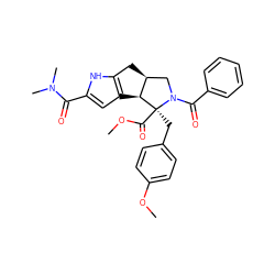 COC(=O)[C@@]1(Cc2ccc(OC)cc2)[C@H]2c3cc(C(=O)N(C)C)[nH]c3C[C@H]2CN1C(=O)c1ccccc1 ZINC000008680133