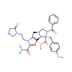 COC(=O)[C@@]1(Cc2ccc(OC)cc2)[C@H]2c3cc(C(=O)N(C)C)n(CCN4CNCC4=O)c3C[C@H]2CN1C(=O)c1ccccc1 ZINC000064448066