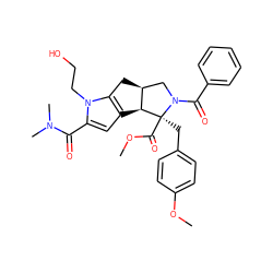 COC(=O)[C@@]1(Cc2ccc(OC)cc2)[C@H]2c3cc(C(=O)N(C)C)n(CCO)c3C[C@H]2CN1C(=O)c1ccccc1 ZINC000064708281