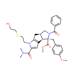 COC(=O)[C@@]1(Cc2ccc(OC)cc2)[C@H]2c3cc(C(=O)N(C)C)n(CCSCCO)c3C[C@H]2CN1C(=O)c1ccccc1 ZINC000008829554