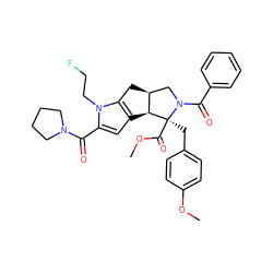 COC(=O)[C@@]1(Cc2ccc(OC)cc2)[C@H]2c3cc(C(=O)N4CCCC4)n(CCF)c3C[C@H]2CN1C(=O)c1ccccc1 ZINC000064652171