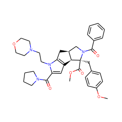 COC(=O)[C@@]1(Cc2ccc(OC)cc2)[C@H]2c3cc(C(=O)N4CCCC4)n(CCN4CCOCC4)c3C[C@H]2CN1C(=O)c1ccccc1 ZINC000064622531