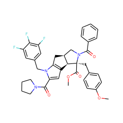 COC(=O)[C@@]1(Cc2ccc(OC)cc2)[C@H]2c3cc(C(=O)N4CCCC4)n(Cc4cc(F)c(F)c(F)c4)c3C[C@H]2CN1C(=O)c1ccccc1 ZINC000072158230