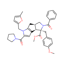 COC(=O)[C@@]1(Cc2ccc(OC)cc2)[C@H]2c3cc(C(=O)N4CCCC4)n(Cc4ccc(C)o4)c3C[C@H]2CN1C(=O)c1ccccc1 ZINC000008829551