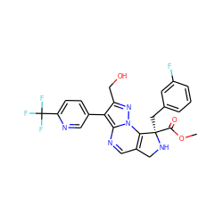 COC(=O)[C@@]1(Cc2cccc(F)c2)NCc2cnc3c(-c4ccc(C(F)(F)F)nc4)c(CO)nn3c21 ZINC000299837991