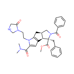 COC(=O)[C@@]1(Cc2ccccc2)[C@H]2c3cc(C(=O)N(C)C)n(CCN4CNCC4=O)c3C[C@H]2CN1C(=O)c1ccccc1 ZINC000064617863