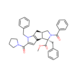 COC(=O)[C@@]1(Cc2ccccc2)[C@H]2c3cc(C(=O)N4CCCC4)n(Cc4ccccc4)c3C[C@H]2CN1C(=O)c1ccccc1 ZINC000064573308