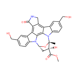 COC(=O)[C@@]1(O)C[C@H]2O[C@]1(C)n1c3ccc(CO)cc3c3c4c(c5c6cc(CO)ccc6n2c5c31)C(=O)NC4 ZINC000029254134