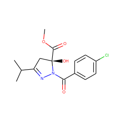 COC(=O)[C@@]1(O)CC(C(C)C)=NN1C(=O)c1ccc(Cl)cc1 ZINC000000067040