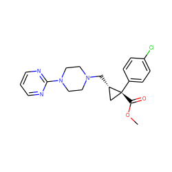 COC(=O)[C@@]1(c2ccc(Cl)cc2)C[C@@H]1CN1CCN(c2ncccn2)CC1 ZINC000028604350