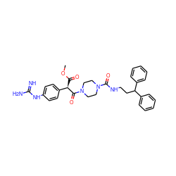 COC(=O)[C@@H](C(=O)N1CCN(C(=O)NCCC(c2ccccc2)c2ccccc2)CC1)c1ccc(NC(=N)N)cc1 ZINC000026390026