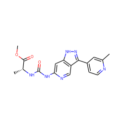 COC(=O)[C@@H](C)NC(=O)Nc1cc2[nH]nc(-c3ccnc(C)c3)c2cn1 ZINC000261161605