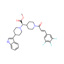 COC(=O)[C@@H](C1CCN(C(=O)/C=C/c2cc(F)c(F)c(F)c2)CC1)N1CCC(c2c[nH]c3ccccc23)CC1 ZINC000028824801