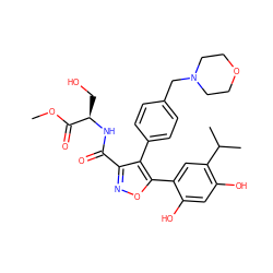 COC(=O)[C@@H](CO)NC(=O)c1noc(-c2cc(C(C)C)c(O)cc2O)c1-c1ccc(CN2CCOCC2)cc1 ZINC001772655214