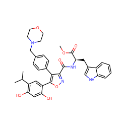 COC(=O)[C@@H](Cc1c[nH]c2ccccc12)NC(=O)c1noc(-c2cc(C(C)C)c(O)cc2O)c1-c1ccc(CN2CCOCC2)cc1 ZINC001772606879