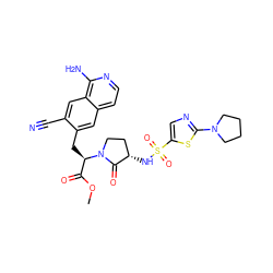 COC(=O)[C@@H](Cc1cc2ccnc(N)c2cc1C#N)N1CC[C@H](NS(=O)(=O)c2cnc(N3CCCC3)s2)C1=O ZINC000142633322