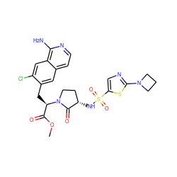 COC(=O)[C@@H](Cc1cc2ccnc(N)c2cc1Cl)N1CC[C@H](NS(=O)(=O)c2cnc(N3CCC3)s2)C1=O ZINC000142543197