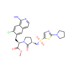 COC(=O)[C@@H](Cc1cc2ccnc(N)c2cc1Cl)N1CC[C@H](NS(=O)(=O)c2cnc(N3CCCC3)s2)C1=O ZINC000142582468