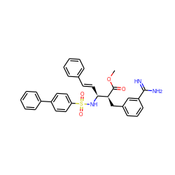 COC(=O)[C@@H](Cc1cccc(C(=N)N)c1)[C@H](/C=C/c1ccccc1)NS(=O)(=O)c1ccc(-c2ccccc2)cc1 ZINC000027519289