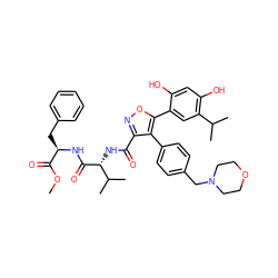 COC(=O)[C@@H](Cc1ccccc1)NC(=O)[C@H](NC(=O)c1noc(-c2cc(C(C)C)c(O)cc2O)c1-c1ccc(CN2CCOCC2)cc1)C(C)C ZINC001772656440