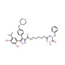 COC(=O)[C@@H](Cc1ccccc1)NC(=O)CCCCCNC(=O)c1noc(-c2cc(C(C)C)c(O)cc2O)c1-c1ccc(CN2CCOCC2)cc1 ZINC001772601724