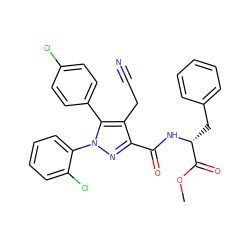 COC(=O)[C@@H](Cc1ccccc1)NC(=O)c1nn(-c2ccccc2Cl)c(-c2ccc(Cl)cc2)c1CC#N ZINC000049745857