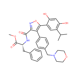 COC(=O)[C@@H](Cc1ccccc1)NC(=O)c1noc(-c2cc(C(C)C)c(O)cc2O)c1-c1ccc(CN2CCOCC2)cc1 ZINC001772620172