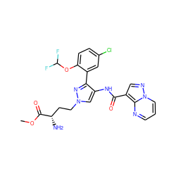 COC(=O)[C@@H](N)CCn1cc(NC(=O)c2cnn3cccnc23)c(-c2cc(Cl)ccc2OC(F)F)n1 ZINC001772615121