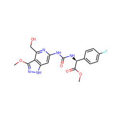 COC(=O)[C@@H](NC(=O)Nc1cc2[nH]nc(OC)c2c(CO)n1)c1ccc(F)cc1 ZINC001772616489