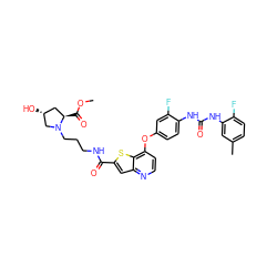 COC(=O)[C@@H]1C[C@@H](O)CN1CCCNC(=O)c1cc2nccc(Oc3ccc(NC(=O)Nc4cc(C)ccc4F)c(F)c3)c2s1 ZINC000220032657