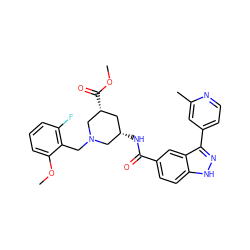 COC(=O)[C@@H]1C[C@H](NC(=O)c2ccc3[nH]nc(-c4ccnc(C)c4)c3c2)CN(Cc2c(F)cccc2OC)C1 ZINC000147776891