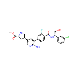 COC(=O)[C@@H]1C[C@H](c2cnc(N)c(-c3ccc(C(=O)N[C@H](CO)c4cccc(Cl)c4)c(F)c3)c2)CN1 ZINC001772598253