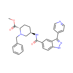 COC(=O)[C@@H]1CC[C@@H](NC(=O)c2ccc3[nH]nc(-c4ccncc4)c3c2)CN1Cc1ccccc1 ZINC000205036108