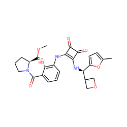 COC(=O)[C@@H]1CCCN1C(=O)c1cccc(Nc2c(N[C@@H](c3ccc(C)o3)C3(C)COC3)c(=O)c2=O)c1O ZINC000205458804