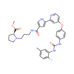 COC(=O)[C@@H]1CCCN1CCCNC(=O)c1c[nH]c(-c2cc(Oc3ccc(NC(=O)Nc4cc(C)ccc4F)cc3)ccn2)c1 ZINC000168591330