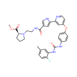 COC(=O)[C@@H]1CCCN1CCNC(=O)c1c[nH]c(-c2cc(Oc3ccc(NC(=O)Nc4cc(C)ccc4F)cc3)ccn2)c1 ZINC000116233825