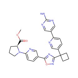 COC(=O)[C@@H]1CCCN1c1ccc(-c2nc(C3(c4ccc(-c5cnc(N)nc5)nc4)CCC3)no2)cn1 ZINC000096175440