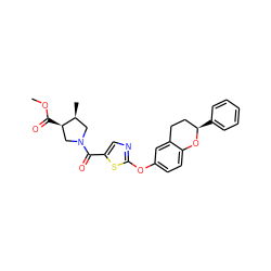 COC(=O)[C@@H]1CN(C(=O)c2cnc(Oc3ccc4c(c3)CC[C@@H](c3ccccc3)O4)s2)C[C@@H]1C ZINC000145579036