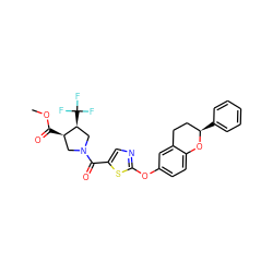COC(=O)[C@@H]1CN(C(=O)c2cnc(Oc3ccc4c(c3)CC[C@@H](c3ccccc3)O4)s2)C[C@@H]1C(F)(F)F ZINC000145577564