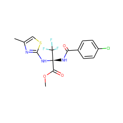 COC(=O)[C@](NC(=O)c1ccc(Cl)cc1)(Nc1nc(C)cs1)C(F)(F)F ZINC000009348495
