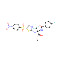 COC(=O)[C@](NC(=O)c1ccc(F)cc1)(Nc1ncc(S(=O)(=O)c2ccc([N+](=O)[O-])cc2)s1)C(F)(F)F ZINC000002050303