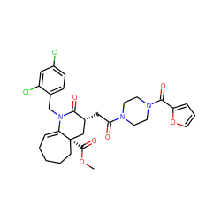 COC(=O)[C@]12CCCCC=C1N(Cc1ccc(Cl)cc1Cl)C(=O)[C@H](CC(=O)N1CCN(C(=O)c3ccco3)CC1)C2 ZINC000095568776