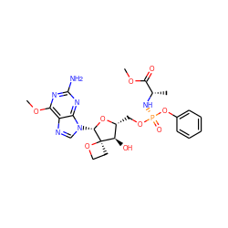 COC(=O)[C@H](C)N[P@](=O)(OC[C@H]1O[C@@H](n2cnc3c(OC)nc(N)nc32)[C@@]2(CCO2)[C@@H]1O)Oc1ccccc1 ZINC000103266460