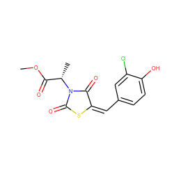 COC(=O)[C@H](C)N1C(=O)S/C(=C/c2ccc(O)c(Cl)c2)C1=O ZINC000004472416