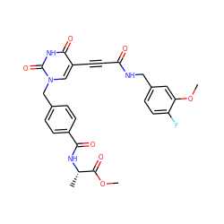 COC(=O)[C@H](C)NC(=O)c1ccc(Cn2cc(C#CC(=O)NCc3ccc(F)c(OC)c3)c(=O)[nH]c2=O)cc1 ZINC001772617470