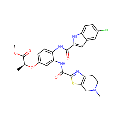 COC(=O)[C@H](C)Oc1ccc(NC(=O)c2cc3cc(Cl)ccc3[nH]2)c(NC(=O)c2nc3c(s2)CN(C)CC3)c1 ZINC000071317362