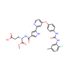 COC(=O)[C@H](CCC(=O)O)NC(=O)c1c[nH]c(-c2cc(Oc3ccc(NC(=O)Nc4cc(C)ccc4F)cc3)ccn2)c1 ZINC000116235674