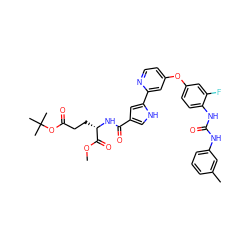 COC(=O)[C@H](CCC(=O)OC(C)(C)C)NC(=O)c1c[nH]c(-c2cc(Oc3ccc(NC(=O)Nc4cccc(C)c4)c(F)c3)ccn2)c1 ZINC000169699243