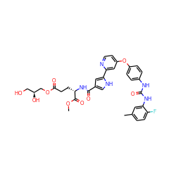 COC(=O)[C@H](CCC(=O)OC[C@@H](O)CO)NC(=O)c1c[nH]c(-c2cc(Oc3ccc(NC(=O)Nc4cc(C)ccc4F)cc3)ccn2)c1 ZINC000168883863